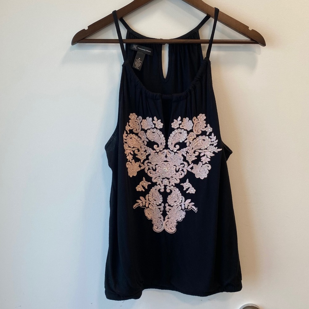 INC Tank Top Womens M Black Pink Embroidered Halter Blouson Sequin Medallion